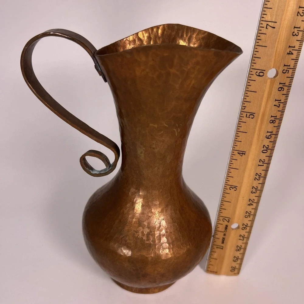 Antique Copper Pitcher Hand Hammered With Patina S Handle